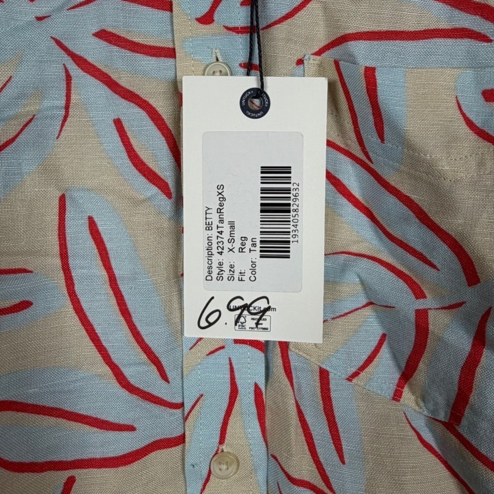UNTUCKit Betty Linen Blend Shirt Dress XS Tan Blue Red Tropical Leaf Mini 42374 - Picture 7 of 11